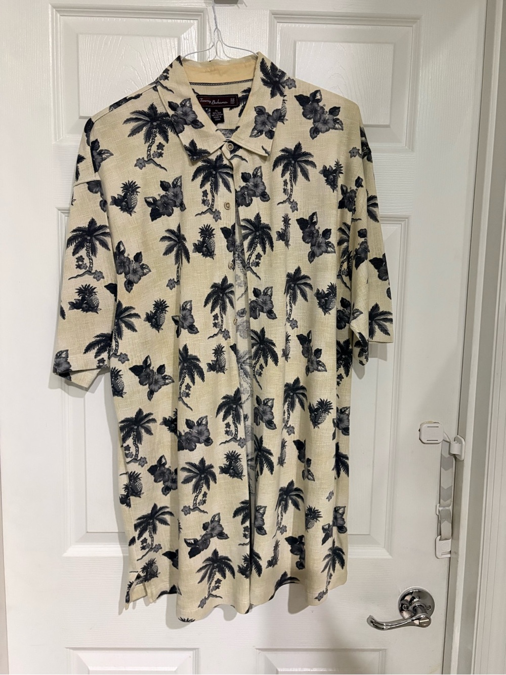 Tommy Bahama Beige Button-Down Shirt with Black Palm Print